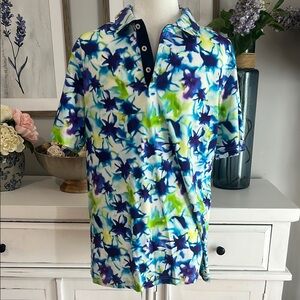 Bugatchi Blue and Green Floral Polo Shirt Size L, Washed, never worn